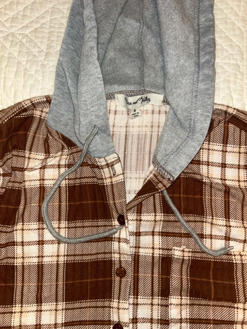 Women's Brown Plaid Hooded Button-Down Shirt - Picture 3 of 6